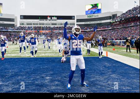 Buffalo Bills running back Taiwan Jones (25) stands for the National Anthem  before playing against the New York Jets in an NFL football game, Sunday,  Dec. 11, 2022, in Orchard Park, N.Y.