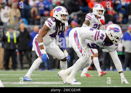 Buffalo Bills middle linebacker Tremaine Edmunds during pre-game warmups  before an NFL divisional playoff football game against the Kansas City  Chiefs, Sunday, Jan. 23, 2022 in Kansas City, Mo. (AP Photo/Reed Hoffmann