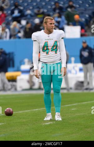 Miami Dolphins long snapper Blake Ferguson (44) stands on the field before  an NFL football game against the New England Patriots, Sunday, Jan. 9, 2022,  in Miami Gardens, Fla. (AP Photo/Doug Murray