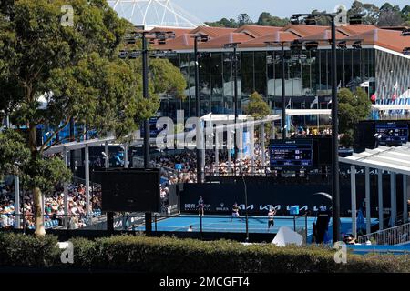 Tennis players compete in the Australian Open tennis championships, at the National Tennis Centre complex in Melbourne, Victoria, Australia Stock Photo