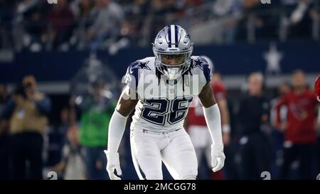 Safety (28) Malik Hooker of the Dallas Cowboys warms up before playing  against the Los Angeles Rams in an NFL football game, Sunday, Oct. 9, 2022,  in Inglewood, Calif. Cowboys won 22-10. (