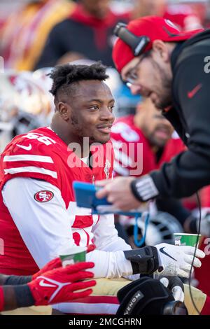 Linebacker (56) Samson Ebukam of the San Francisco 49ers walks off the  field after the 49ers defeat the Houston Texans 23-7 in an NFL football  game, Sunday, Jan. 2, 2022, in Santa