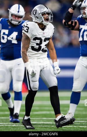 Las Vegas Raiders safety Roderic Teamer (33) leaves the field at halftime  of an NFL football game against the Jacksonville Jaguars on Sunday, Nov. 6,  2022, in Jacksonville, Fla. (AP Photo/Gary McCullough