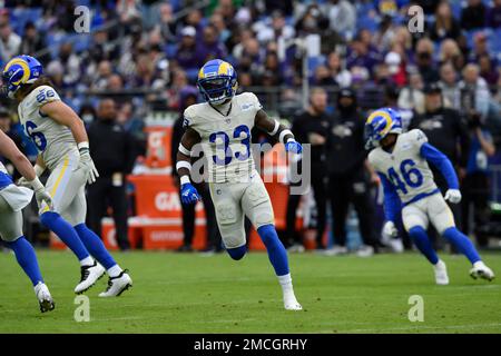 Safety (33) Nick Scott of the Los Angeles Rams against the San Francisco  49ers in an NFL football game, Monday, Oct. 3, 2022, in Santa Clara, Calif.  49ers won 24-9. (AP Photo/Jeff