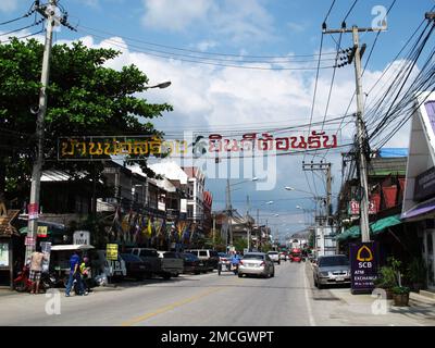 View landscape cityscape of Bo Sang or Borsang Umbrella village rural countryside and traffic road for thai people travelers travel visit journey on s Stock Photo