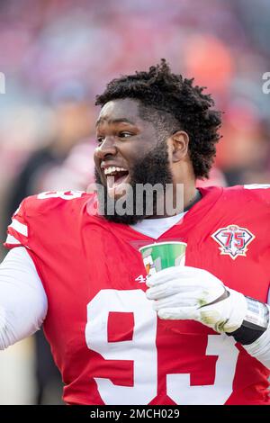 Defensive lineman (93) D.J. Jones of the San Francisco 49ers against the  Houston Texans in an NFL football game, Sunday, Jan. 2, 2022, in Santa  Clara, CA. 49ers defeated the Texans 23-7. (