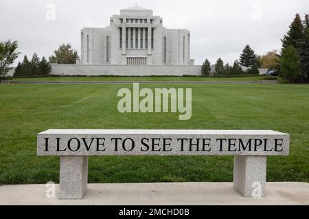 Church of Latter Day Saints. The white granite temple building is a historic monument of the first Mormon settlement in Canada at Cardston, Alberta. Stock Photo