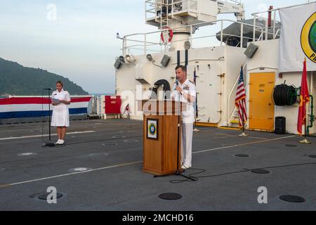 VUNG RO BAY, Vietnam (July 3, 2022) - Rear Adm. Mark Melson, Commander, Task Force 73 (CTF 73), gives remarks during the Pacific Partnership 2022 (PP22) Vietnam closing ceremony aboard USNS Mercy (T-AH 19). Now in its 17th year, Pacific Partnership is the largest annual multinational humanitarian assistance and disaster relief preparedness mission conducted in the Indo-Pacific. Stock Photo