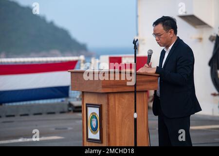 VUNG RO BAY, Vietnam (July 3rd, 2022) – Mr. Dao My, Vice Chairman of the Phu Yen Provincial People’s Committee, gives remarks during the Pacific Partnership 2022 Vietnam closing ceremony aboard Military Sealift Command hospital ship USNS Mercy (T-AH 19). Now in its 17th year, Pacific Partnership is the largest annual multinational humanitarian assistance and disaster relief preparedness mission conducted in the Indo-Pacific. Stock Photo