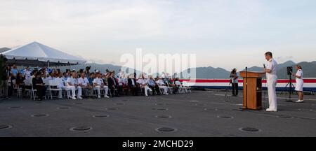 VUNG RO BAY, Vietnam (July 3rd, 2022) – Rear Adm. Mark Melson, Commander, Task Force 73, gives remarks during the Pacific Partnership 2022 Vietnam closing ceremony aboard the Military Sealift Command hospital ship USNS Mercy (T-AH 19). Now in its 17th year, Pacific Partnership is the largest annual multinational humanitarian assistance and disaster relief preparedness mission conducted in the Indo-Pacific. Stock Photo