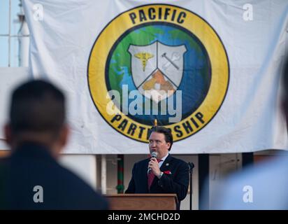 VUNG RO BAY, Vietnam (July 3rd, 2022) – Mr. Marc Knapper, the U.S. Ambassador to Vietnam, gives remarks during the Pacific Partnership 2022 Vietnam closing ceremony aboard the Military Sealift Command hospital ship USNS Mercy (T-AH 19). Now in its 17th year, Pacific Partnership is the largest annual multinational humanitarian assistance and disaster relief preparedness mission conducted in the Indo-Pacific. Stock Photo