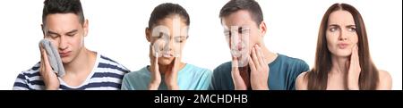 Collage with many people having toothache on white background Stock Photo