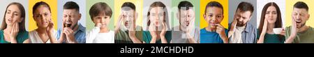 Collage with many people having toothache on color background Stock Photo