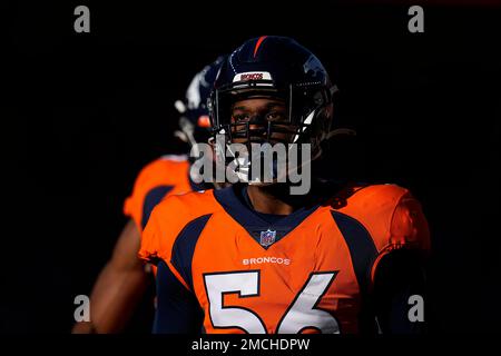 Denver Broncos linebacker Baron Browning (56) runs during an NFL football  game against the Los Angeles Chargers, Monday, Oct. 17, 2022, in Inglewood,  Calif. (AP Photo/Kyusung Gong Stock Photo - Alamy