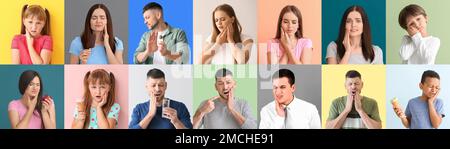 Collage with many people having toothache on color background Stock Photo