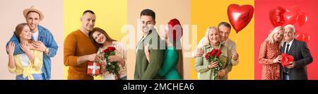 Collage with happy couples on color background. Valentine's Day celebration Stock Photo