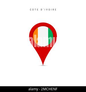 Teardrop map marker with flag of Cote d Ivoire. Ivory Coast flag inserted in the location map pin. Flat illustration isolated on white background. Stock Photo