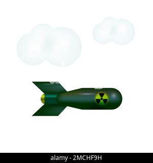 Falling atomic bomb in the sky with clouds. Falling bomb 3D illustration isolated on white background. Stock Photo