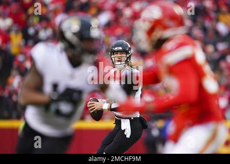 Kansas City, United States. 21st Jan, 2023. Jacksonville Jaguars quarterback Trevor Lawrence (16) looks for an open receiver against the Kansas City Chiefs during the AFC Divisional playoff game at Arrowhead Stadium in Kansas City, Missouri on Saturday, January 21, 2023. Photo by Kyle Rivas/UPI Credit: UPI/Alamy Live News Stock Photo