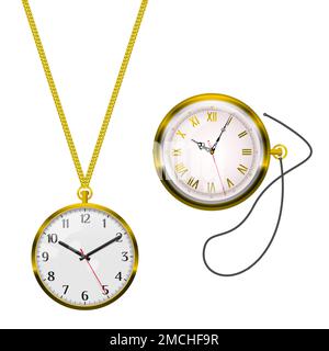 Gold watch on a chain and string. Roman numerals, arabic numerals. 3D realistic illustration isolated on white background. Stock Photo