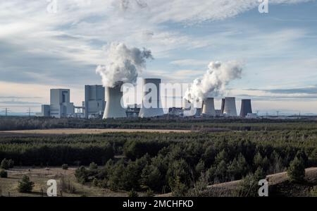 Boxberg Power Station of the LEAG company as part of Vattenfall. The brown coal power plant in the Oberlausitz is emitting smoke into the environment. Stock Photo