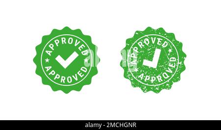Approved green circle rubber seal stamp with tick and thumbs up. Thumbs up seal. Flat illustration isolated on white background. Stock Photo