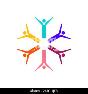 Multicolored people team standing in circle together with raised hands. Flat illustration isolated on white background. Stock Photo