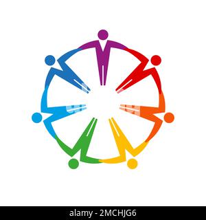 Multicolored people team standing in circle together, holding hands. Flat illustration isolated on white background. Stock Photo