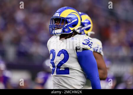 Jan 23, 2022; Tampa, FL USA; Los Angeles Rams linebacker Travin Howard (32)  during an NFL divisional playoff game at Raymond James Stadium. The Rams  beat the Buccaneers 30-27. (Steve Jacobson/Image of