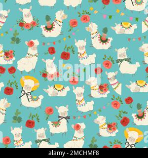 Seamless Pattern with Cute Llamas and Red Roses Stock Vector