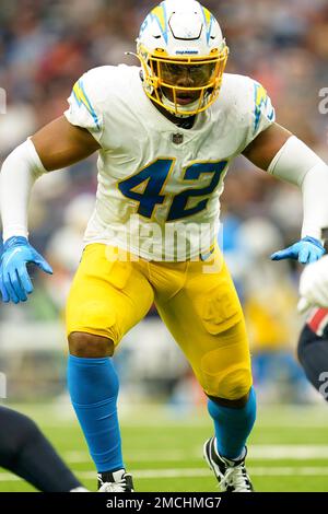 November 18, 2018 Carson, CALos Angeles Chargers linebacker Uchenna  Nwosu #42 during the NFL Denver Broncos vs Los Angeles Chargers at the  Stubhub Center in Carson, Ca on November 18, 2018 (Photo