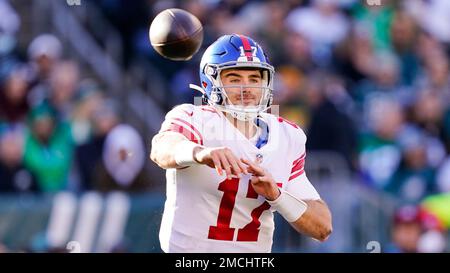 New York Giants quarterback Jake Fromm (17) reacts after throwing