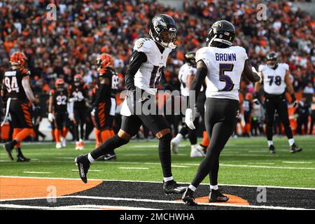 Baltimore Ravens wide receiver Rashod Bateman (7) warms up prior to an NFL  football game against the New England Patriots, Sunday, Sep. 25, 2022, in  Foxborough, Mass. (AP Photo/Stew Milne Stock Photo - Alamy