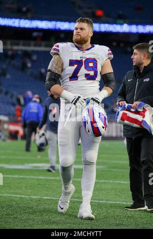 Buffalo Bills tackle Spencer Brown blocks during the second half of an NFL  football game against the New England Patriots in Orchard Park, N.Y.,  Monday, Dec. 6, 2021. (AP Photo/Adrian Kraus Stock