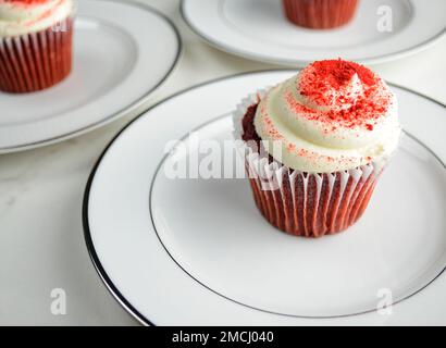 Food photography on red velvet cupcakes Stock Photo