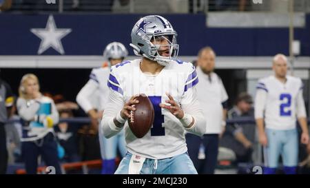 Dallas Cowboys quarterback Dak Prescott (4) scrambles before throwing a  pass during an NFL football game against the Detroit Lions in Arlington,  Texas, Sunday, Oct. 23, 2022. (AP Photo/Tony Gutierrez Stock Photo - Alamy