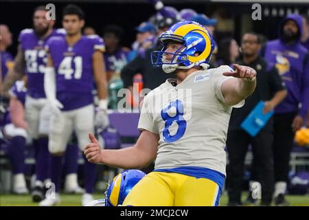 Los Angeles Rams place kicker Matt Gay (8) warms up before an NFL football  game against the Los Angeles Chargers Saturday, Aug. 14, 2021, in  Inglewood, Calif. (AP Photo/Kyusung Gong Stock Photo - Alamy