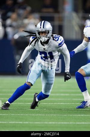 Dallas Cowboys cornerback Maurice Canady (31) holds the ball after a play  against the Philadelphia Eagles during an NFL football game in Arlington,  Texas, Monday, Sept. 27, 2021. (AP Photo/Michael Ainsworth Stock