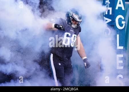 Philadelphia Eagles' Landon Dickerson runs onto the field before