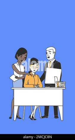 illustration design of people, figures doing different activities in workplace with purple background where you can add text or information Stock Photo