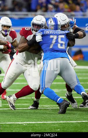 Detroit Lions defensive tackle Levi Onwuzurike warms up during