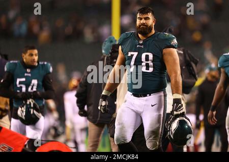 Philadelphia Eagles guard Sua Opeta (78) and Detroit Lions offensive tackle  Drew Forbes (76) walks off the field during an NFL football game, Sunday,  Sept. 11, 2022, in Detroit. (AP Photo/Rick Osentoski