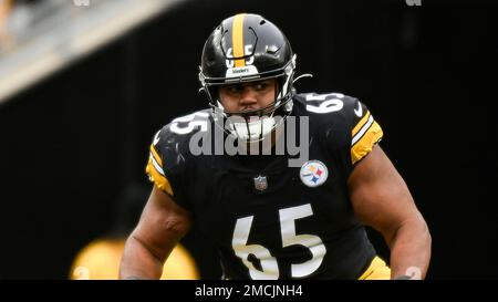 Pittsburgh Steelers offensive tackle Dan Moore Jr. (65) jogs to the line of  scrimmage during an NFL football game against the Jacksonville Jaguars,  Saturday, Aug. 20, 2022 in Jacksonville, Fla. The Steelers