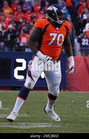 Denver Broncos offensive tackle Bobby Massie (70) gets set on the