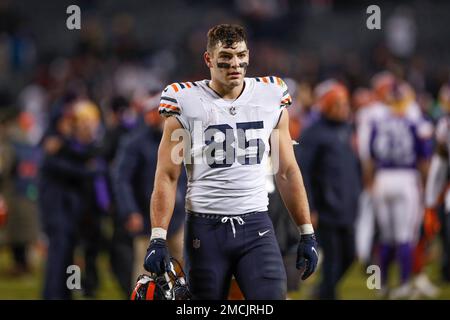 Chicago Bears tight end Cole Kmet (85) scores on an 11-yard touchdown  reception during the second half of an NFL football game against the  Minnesota Vikings, Sunday, Jan. 8, 2023, in Chicago.