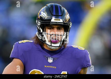 Baltimore Ravens tight end Josh Oliver (84) works out before an