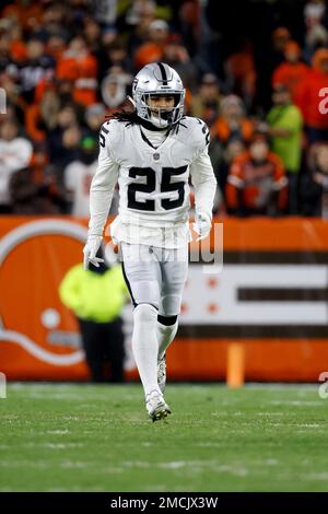 Las Vegas Raiders safety Tre'von Moehrig (25) lines up for a play during an  NFL football game against the Cleveland Browns, Monday, Dec. 20, 2021, in  Cleveland. (AP Photo/Kirk Irwin Stock Photo 