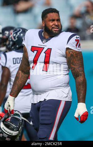 Houston Texans offensive tackle Tytus Howard (71) on the field during a  time-out in an NFL football game against the Jacksonville Jaguars on  Sunday, Oct. 9, 2022, in Jacksonville, Fla. (AP Photo/Gary