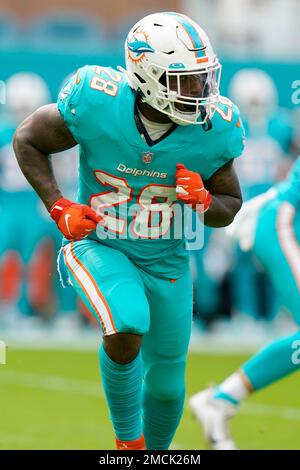 Miami Dolphins running back Duke Johnson (28) smiles as he celebrates  scoring a touchdown during an NFL football game against the New York Jets,  Sunday, Dec. 19, 2021, in Miami Gardens, Fla. (