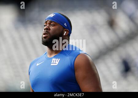 New York Giants offensive tackle Korey Cunningham (79) warms up before an  NFL football game against the Dallas Cowboys, Sunday, Dec. 19, 2021, in  East Rutherford, N.J. The Dallas Cowboys defeated the